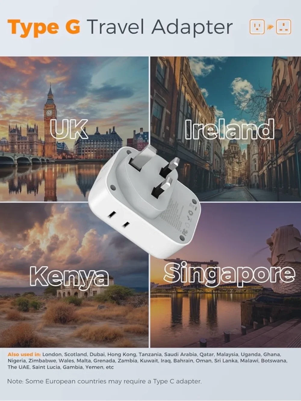 TESSAN UK Adapters for Travel, Type G Adaptor, 2 Pack 4 Outlets 3 USB, NEW